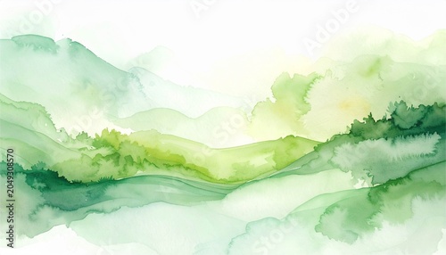 Abstract watercolor landscape of green mountains and valley, soft organic nature background
