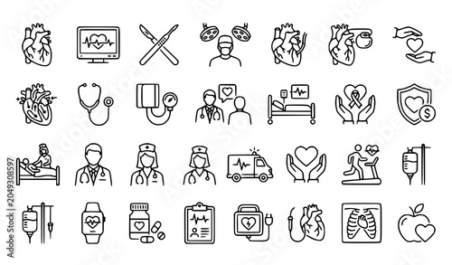 Bild auf Leinwand Medical Cardiology and Heart Surgery Thin Line Icons Editable Stroke Cardiovascu