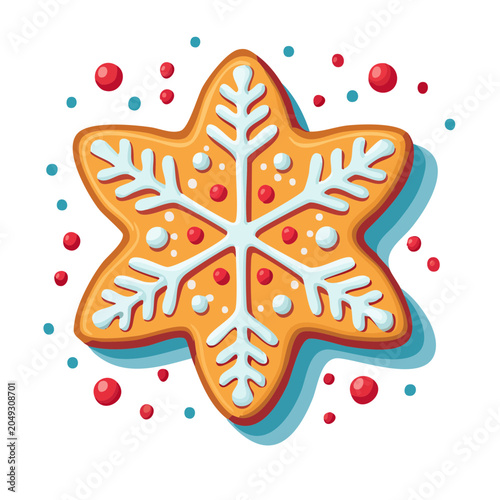 Snowflake gingerbread cookie with sprinkles, flat design
