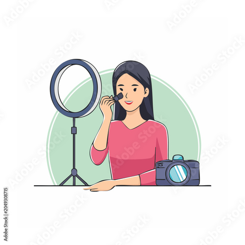 Woman applying makeup with ring light and camera