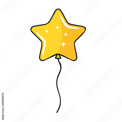 Yellow star balloon with string on white background
