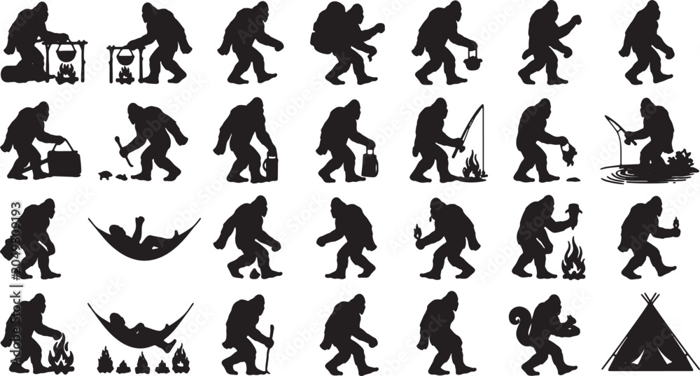 Obraz premium Bigfoot Creatures Camping and Hiking Silhouettes Vector Icon Set