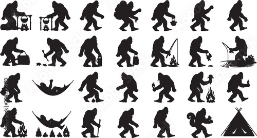 Bigfoot Creatures Camping and Hiking Silhouettes Vector Icon Set