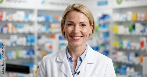 Female Pharmacist Explaining Medication and Smiling in a Pharmacy Setting.