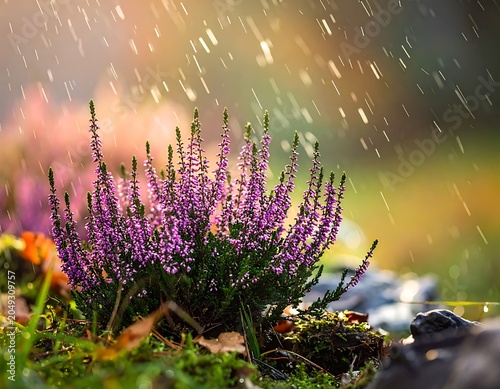 A vibrant purple plant thrives amidst rocks and greenery in a rainy scene