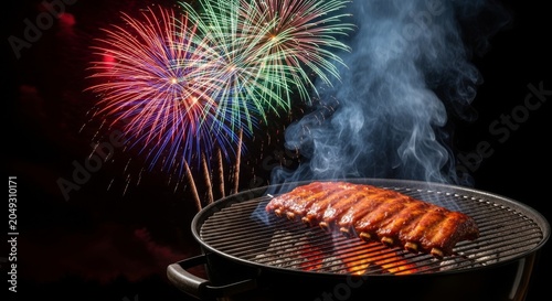 Savory ribs sizzle on a smoky charcoal grill in a backyard setting while vibrant fireworks explode across the dark night sky above blankets, event, lawn, barbecue