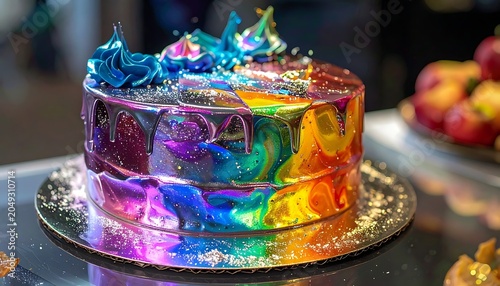 A vibrant rainbow-colored cake with blue frosting on a table
