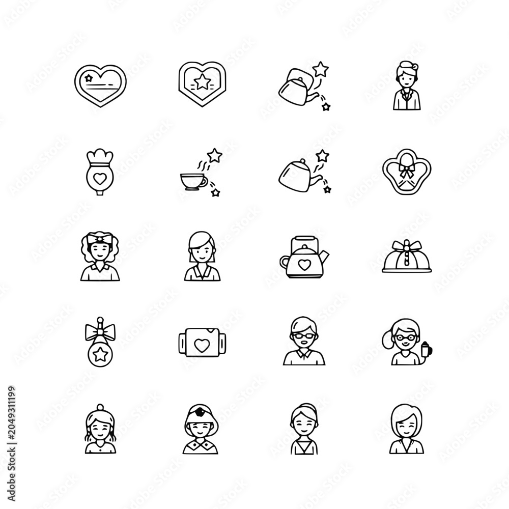 Fototapeta premium Set of Medical Icons: Nurse, Doctor, Heart, Teapot, Award, Gift - Outline Style