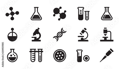 Canvastavla Science laboratory research icons set with microscope dna molecule and chemical glassware