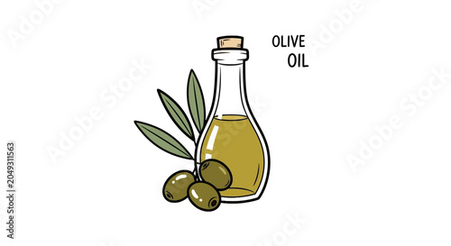 Quadro su tela Bottle of extra virgin olive oil with green olives and leaves