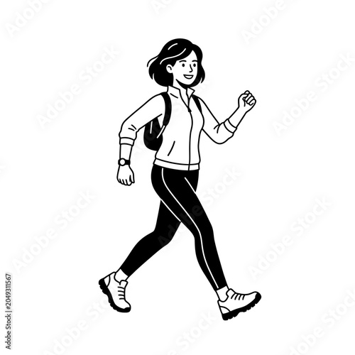 Vászonkép A woman wearing a backpack is walking quickly outdoors in athletic wear with a watch on her wrist
