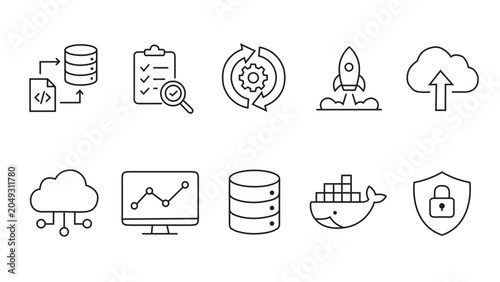 Obraz na plátně DevOps Pipeline and Cloud Infrastructure Outline Icons, Docker, Database, Monito