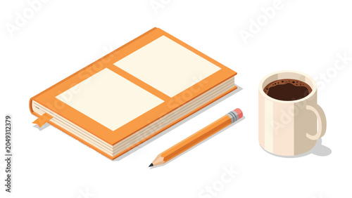 A simple isometric illustration of an open notebook, a pencil, and a mug of coffee on a white background.