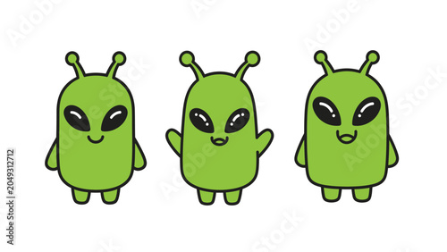 Three cute cartoon green aliens with big eyes and antennae, isolated on a white background.