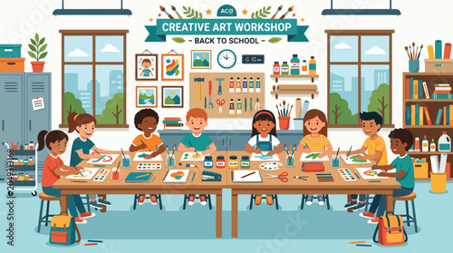 Foto Children engaged in art workshop class.