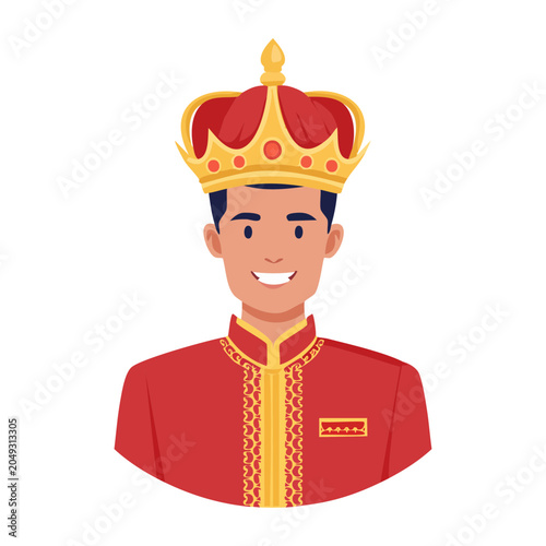 Illustration of a smiling man wearing a crown and red royal attire