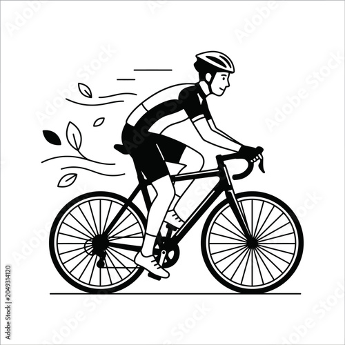 Bild auf Leinwand Cyclist rides bike quickly on road with leaves blowing by