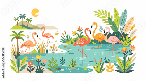 Photos Flamingos in tropical wetland habitat ecosystem.