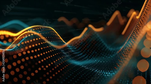 Flowing digital wave of orange and teal dots on a dark background