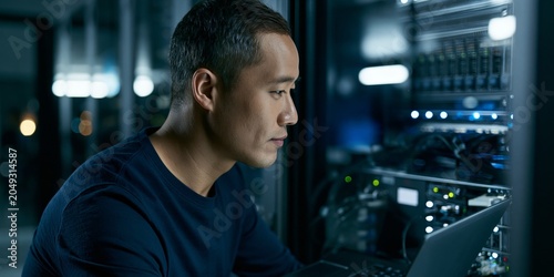 Network Engineer Managing Servers in Data Center Server Room Environment. network engineer working in server room