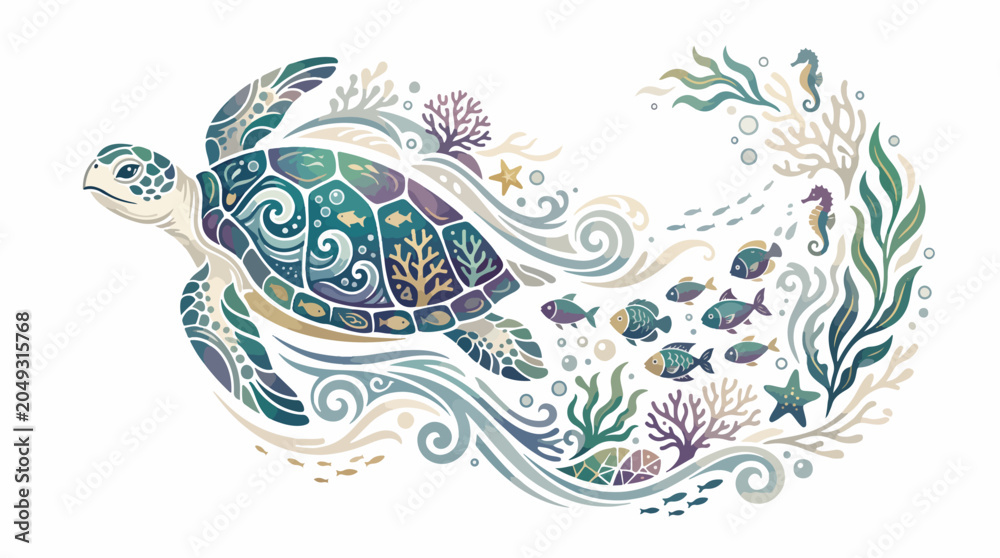 Fototapeta premium Colorful sea turtle swimming ocean waves.