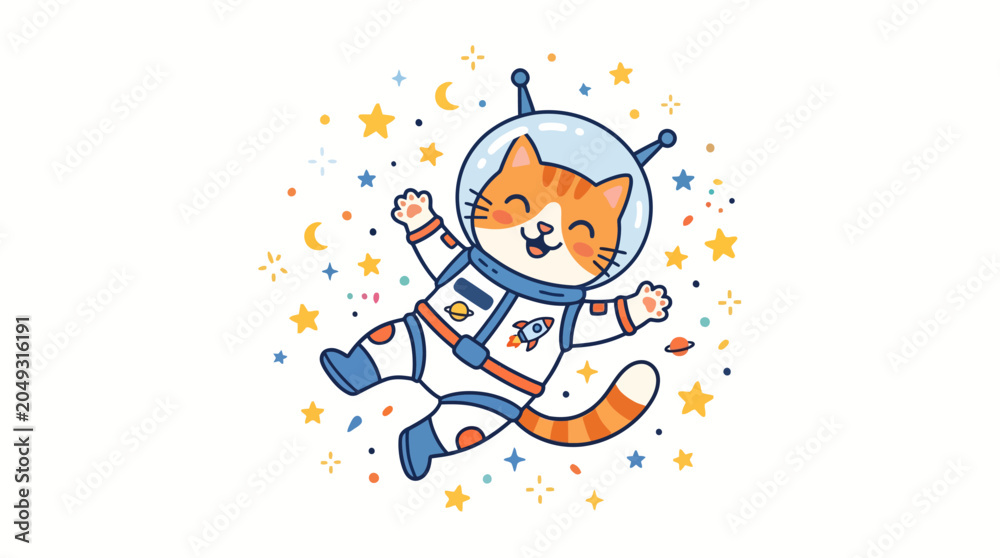 Naklejka premium Cartoon cat in space suit flying.