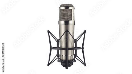 Condenser microphone with shock mount on white background