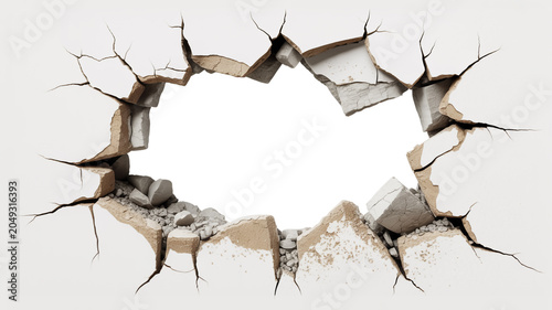 Cracked white wall with debris revealing a bright white void