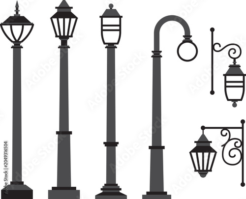 Quadro su tela Vintage black and white of classic gas street lamps and lanterns gas lamp vintag