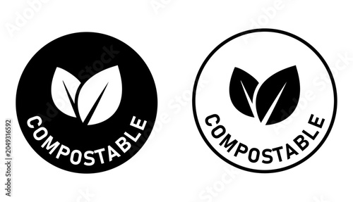Compostable Eco Label Badge Icon Set with Leaf Symbol for Sustainable Biodegradable Packaging