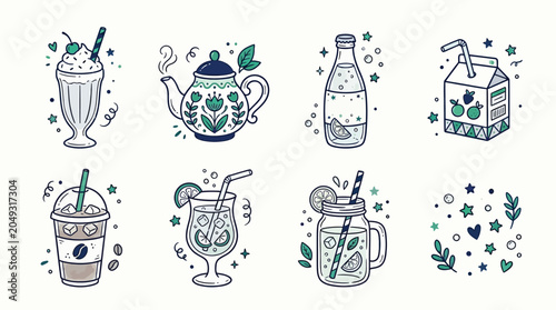 Obraz na płótnie A collection of hand-drawn illustrations featuring various refreshing beverages like milkshakes, iced coffee, tea, and cocktails, with decorative elements