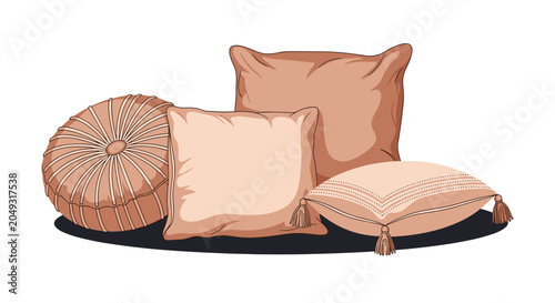 Small group of four elegant decorative pillows and cushions in soft peach and brown tones with fringe and patterns.