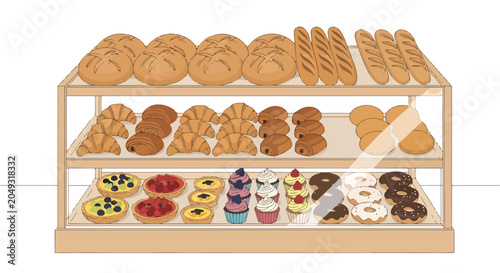 Fotografie A bakery display case filled with bread, pastries, and desserts