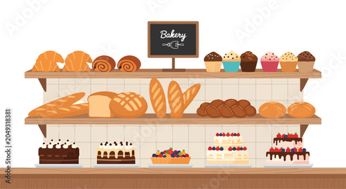Fotografie A bakery display with various sweet and savory baked goods