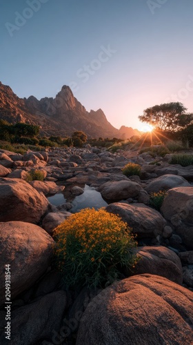 Golden sunrise light hitting jagged mountain peaks and dry desert valley with blooming yellow wildflowers and rocky riverbed in arid wilderness landscape