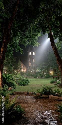 Old stone church clock tower glowing at night during heavy rainstorm with dramatic spotlight beam through dark forest trees in cinematic atmosphere