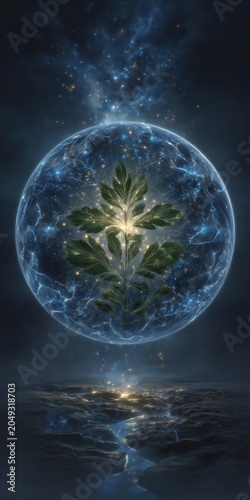 Glowing green plant growing inside magical cosmic energy sphere floating above ethereal landscape with starry nebula background in surreal digital art composition