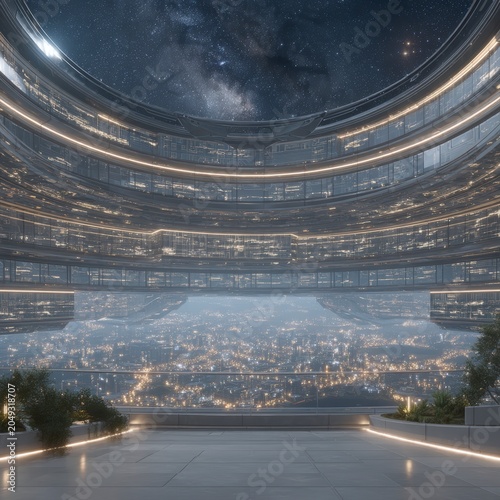 Futuristic glass architecture observation deck overlooking sprawling glowing city at night with starry galaxy sky above in sci-fi urban interior render