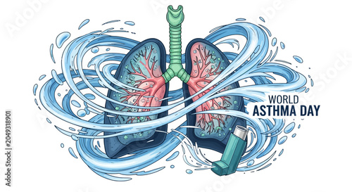 Foto World Asthma Day conceptual illustration with human lungs and medical inhaler on