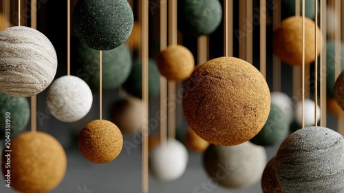 Abstract suspended spheres in earth tones with textured surfaces hanging from gold rods