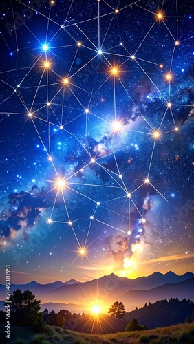 A vibrant starry night sky with a network of glowing lines and nodes over a serene landscape
