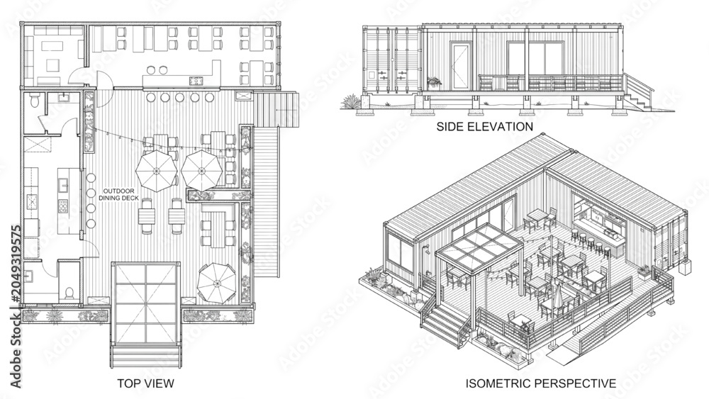 Fototapeta premium Shipping Container Architecture: Detailed architectural drawings showcase a modern dwelling or commercial space constructed from repurposed shipping containers. CAD Blocks Icon Sheet Vector