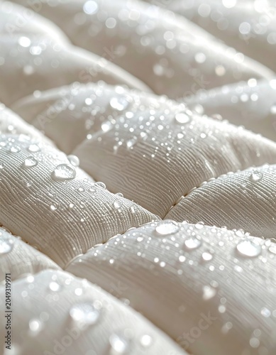 A close-up view of a white, tufted surface covered in water droplets
