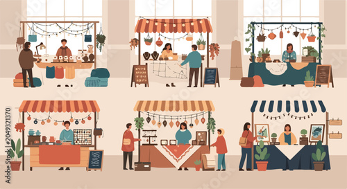 Schilderij op canvas A bustling marketplace with vibrant stalls and shoppers