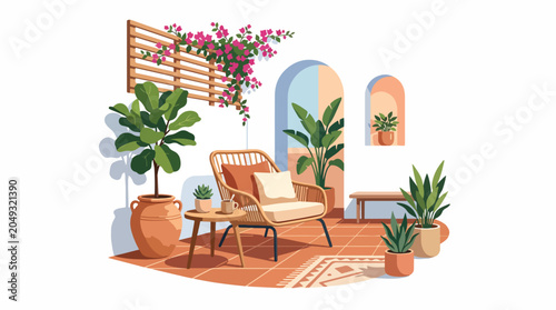 Tableau sur toile Cozy outdoor patio with chair plants.
