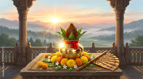 Nirjala ekadashi lord vishnu ritual kalash at sunrise landscape