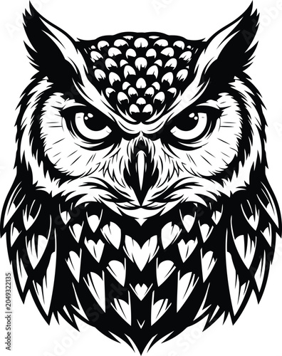 Intense Owl Face With Intricate Feather Details In Bold Linework Against A White Background