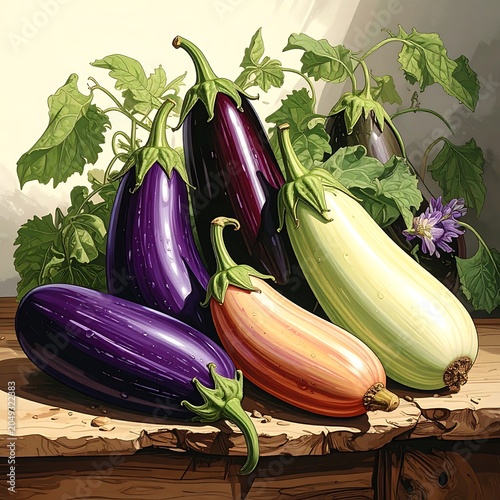 A vibrant still life of various colorful eggplants on a wooden surface