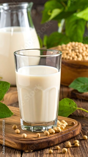 A glass of milk on a wooden board with soybeans