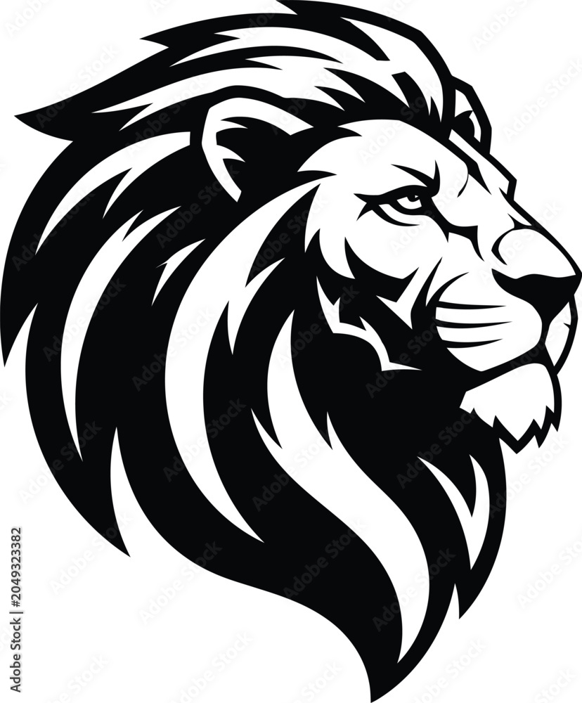 Fototapeta premium Majestic lion head profile in bold black and white graphic style symbolizing power and leadership for corporate branding and design